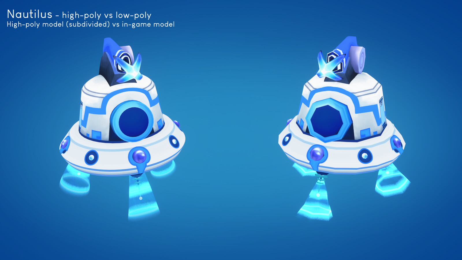 Comparison between the high-poly (subdivided) and low-poly (game-ready) versions.