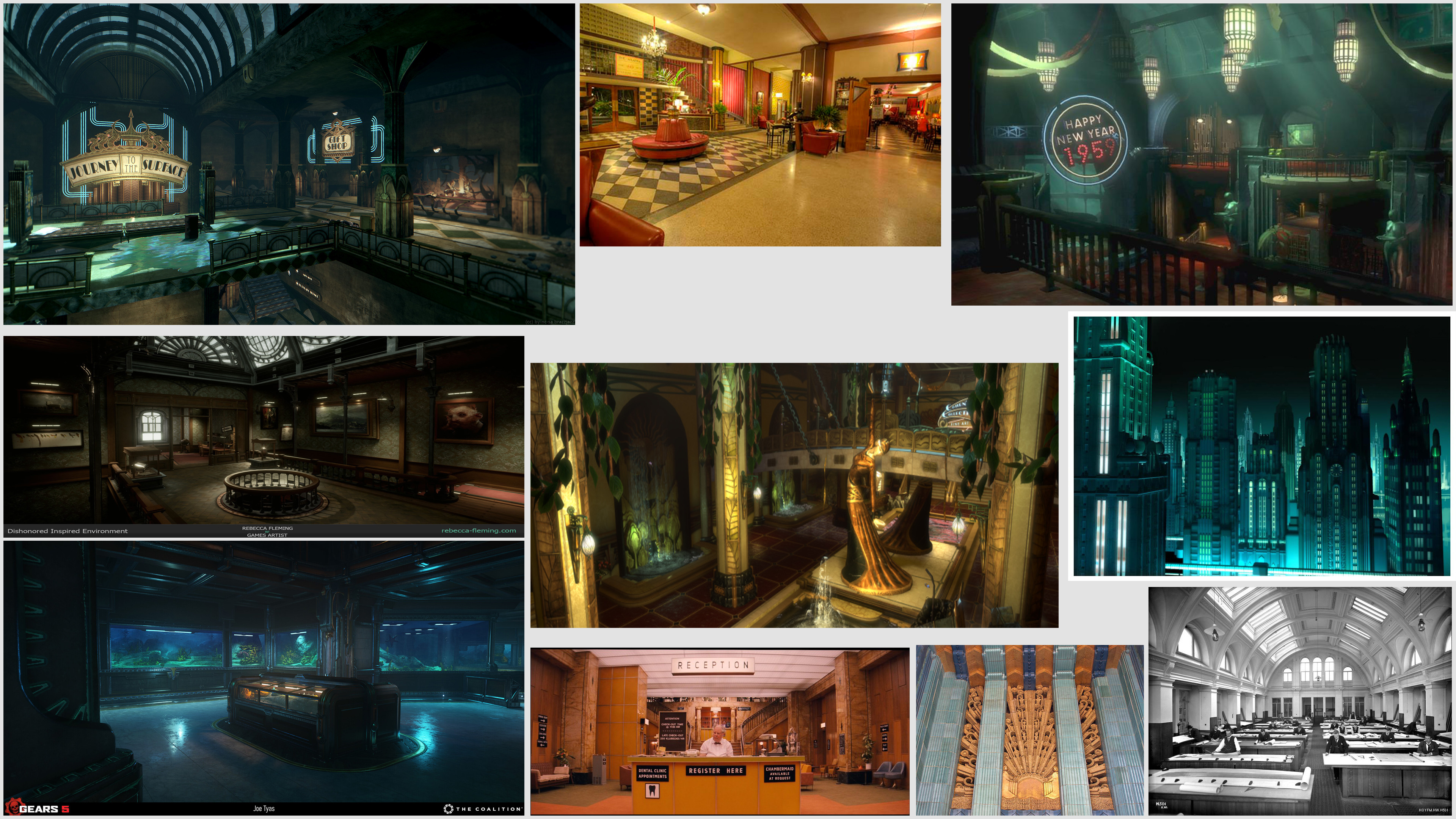 References:
The main inspirations and reference pieces I looked at while building this scene were from Bioshock, Dishonored 1 &amp; 2, and Gears 5. They all fit that same niche of reclaimed beauty with heavy art-deco vibes in their architecture.