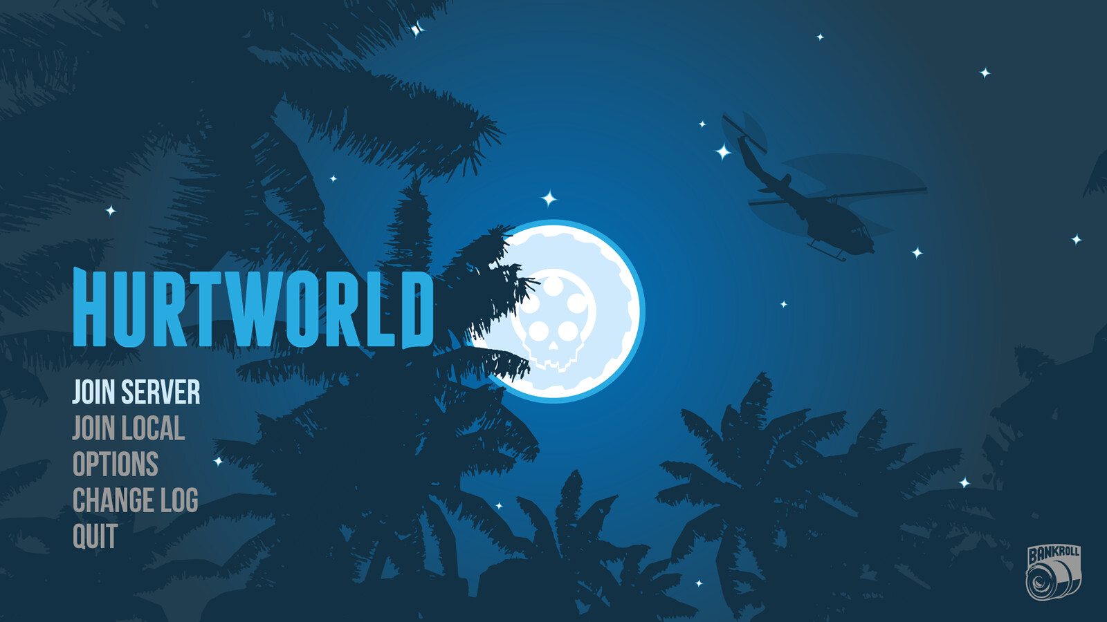 The main menu screen for the exit of early access for Hurtworld. In game this looks really nice with mouse input controlled paralaxing layers of the palm tree foliage, helicopter and backdrop. A subtle but interesting variation on a menu screen,