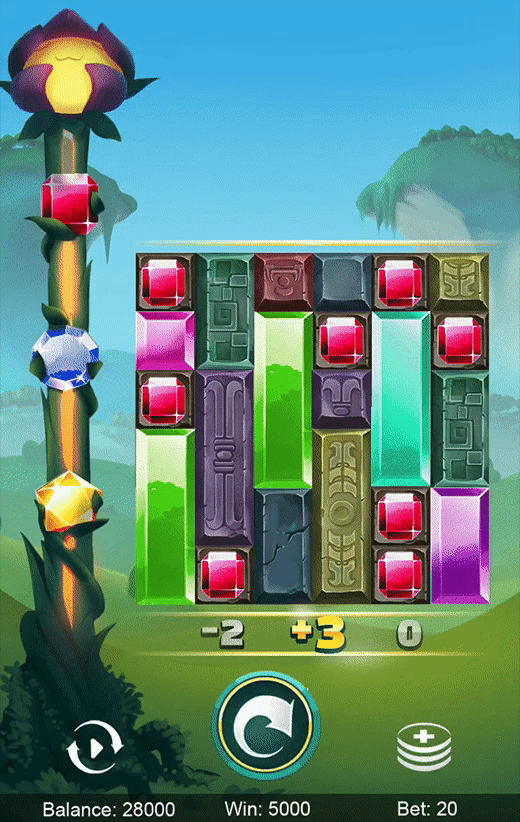 Bonus game initiation. When red gems land on the reel, the player get to play a minigame with a chance of winning more credit.