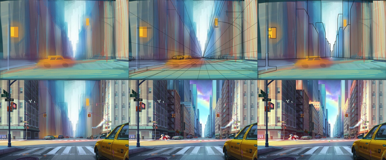 Rough thumbnail to final output.

Went through a lot of iterations &amp; changes in visuals during process. But, made sure all the elements/color palette are reflecting a simple story &amp; a visual treat of fresh morning of New York. 