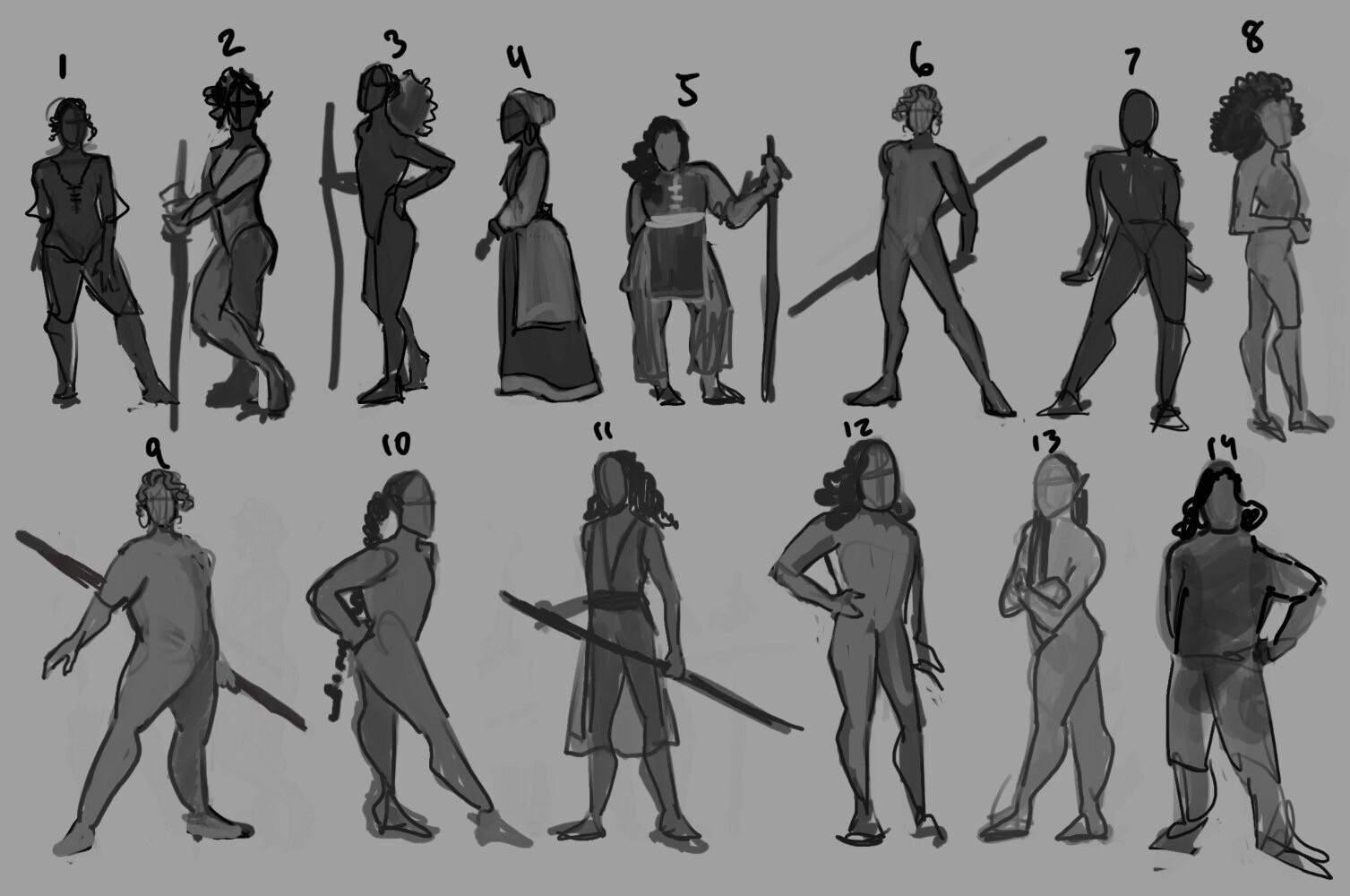 Process work - choosing a character silhouette!

I ended up going with 9 for the general attitude of the body's gesture.