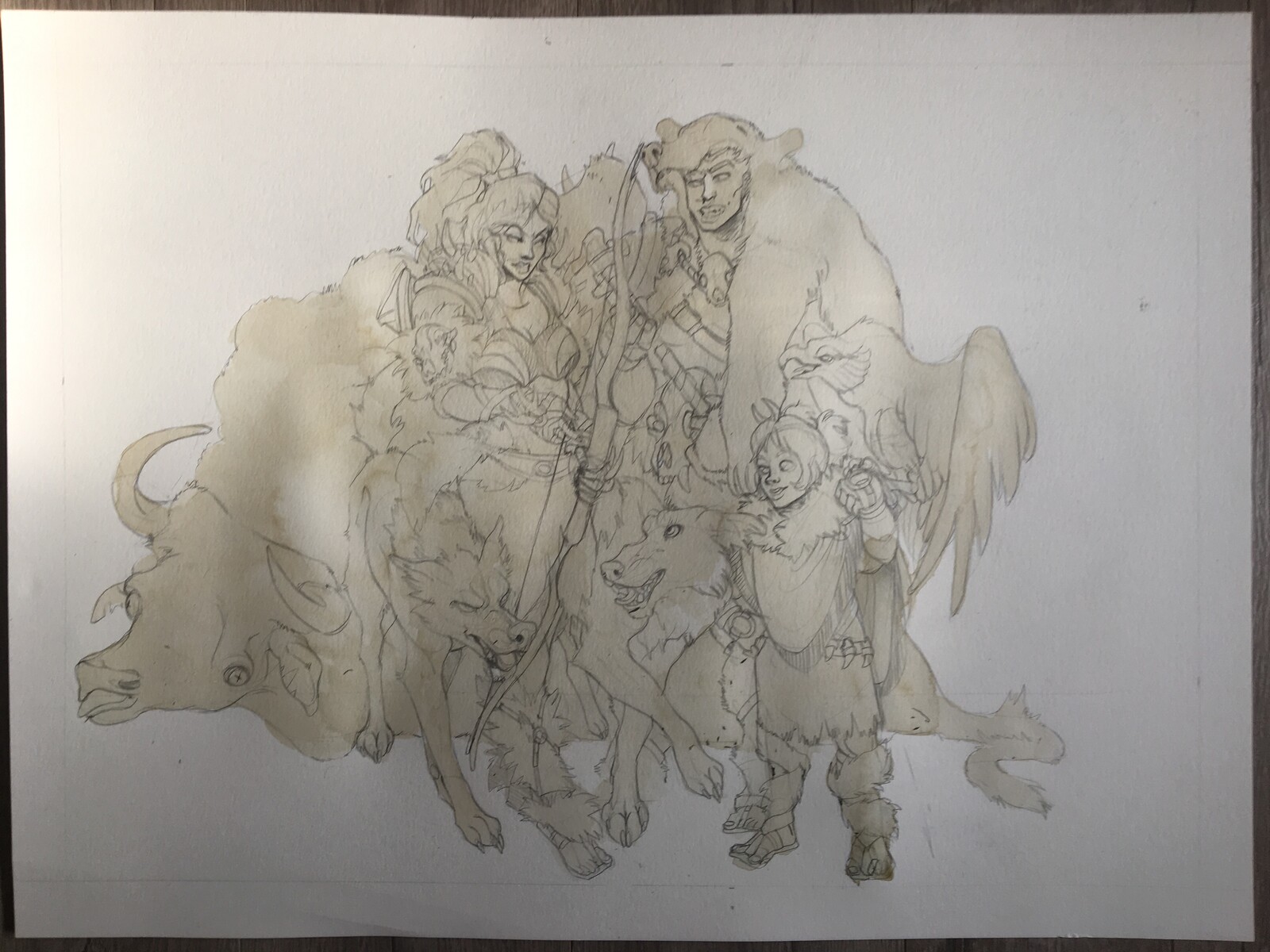 Initial layer, a warm French grey wash over the mass of characters.