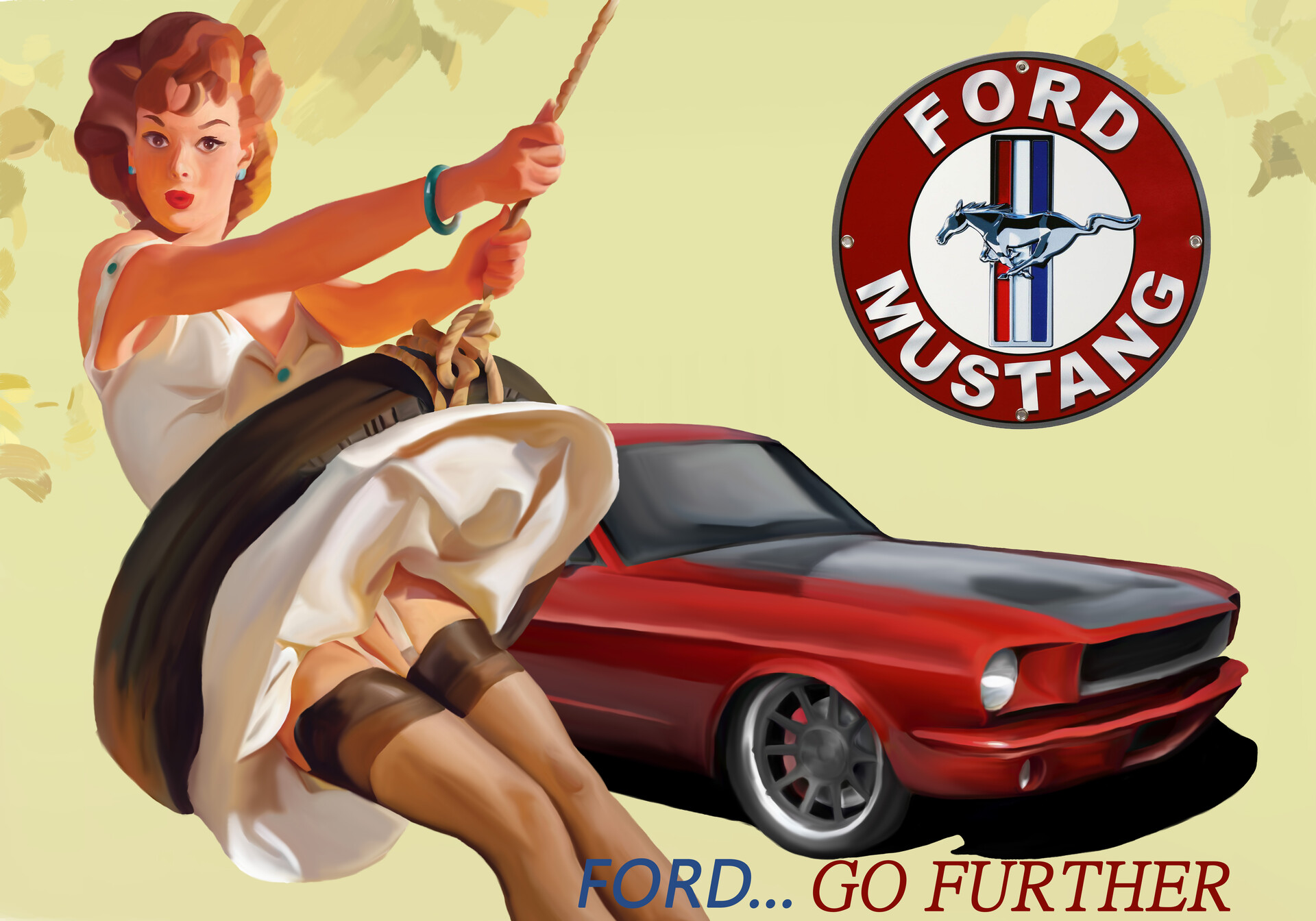 Ford, blue, cool design, ford logo, logo, pinup girl, retro
