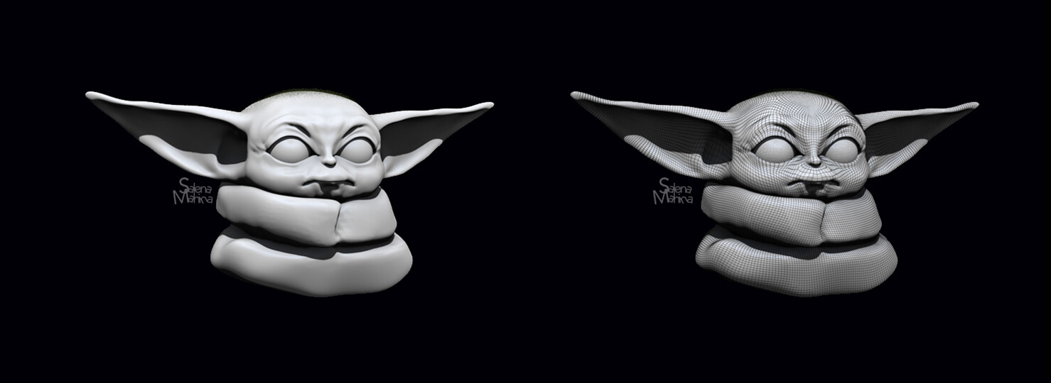 Baby Yoda Shaded and Wireframe on Shaded view (unlit)