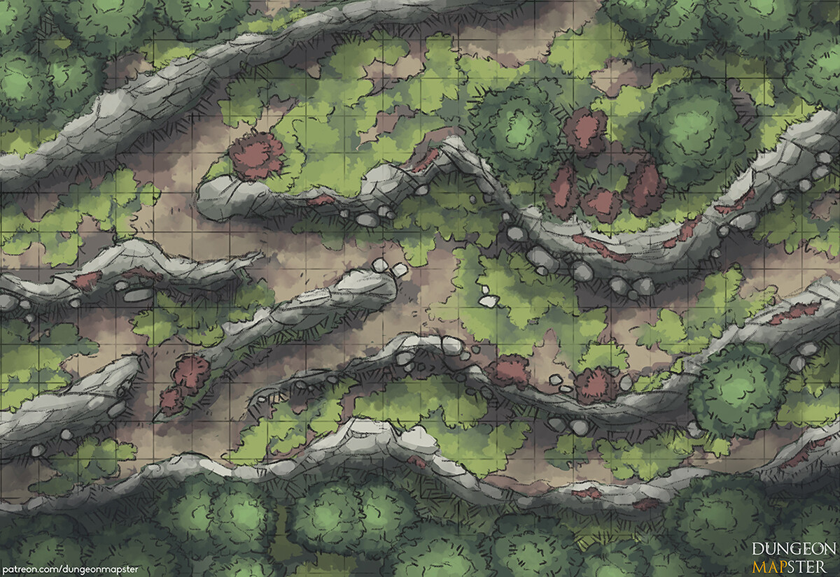 Ryan Smith Rocky Road And Mountain Ambush Rocky forest battle map for dungeons & dragons and pathfinder. ryan smith rocky road and mountain ambush