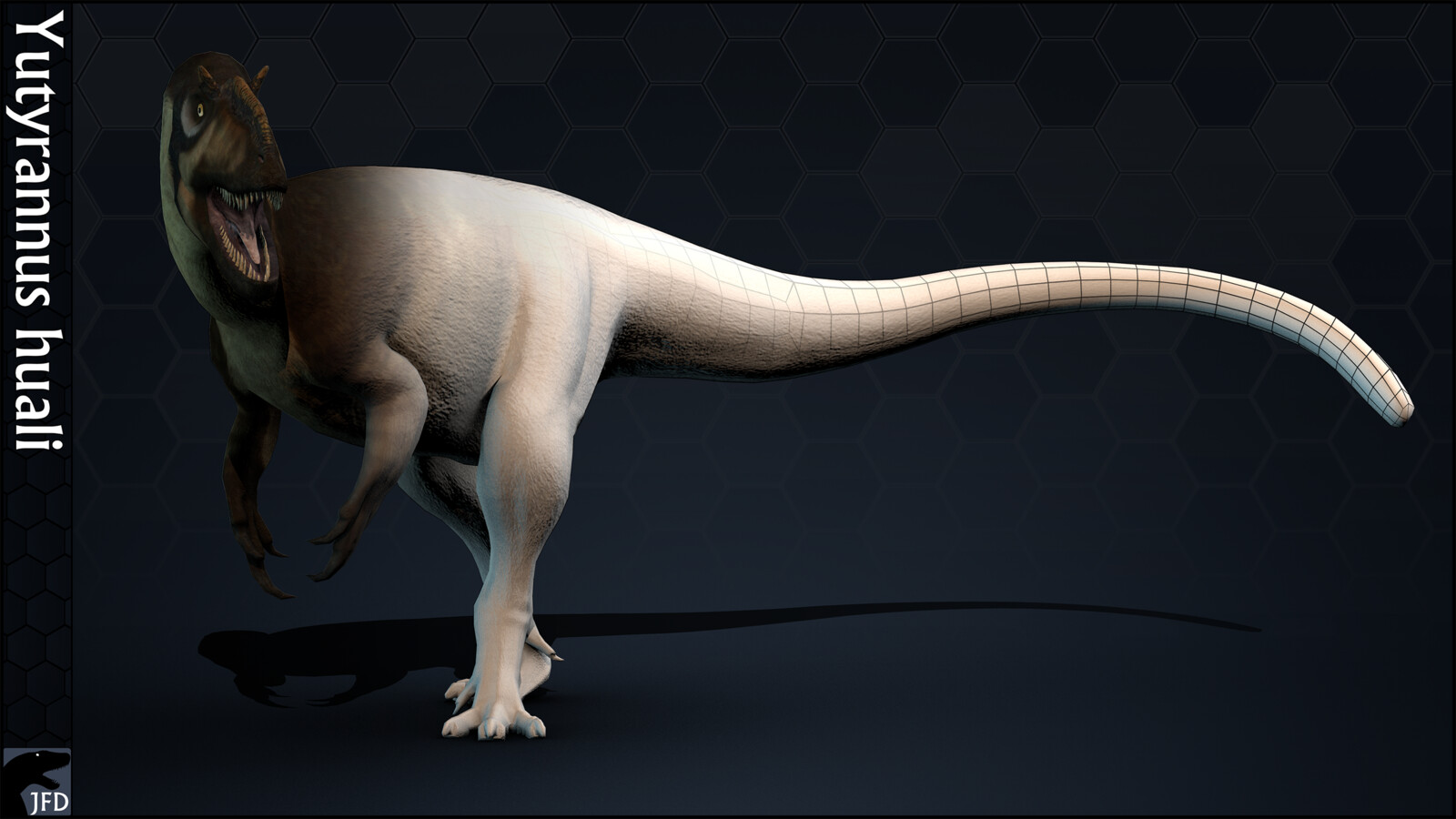 Yutyrannus huali full body, normal map and wireframe render.