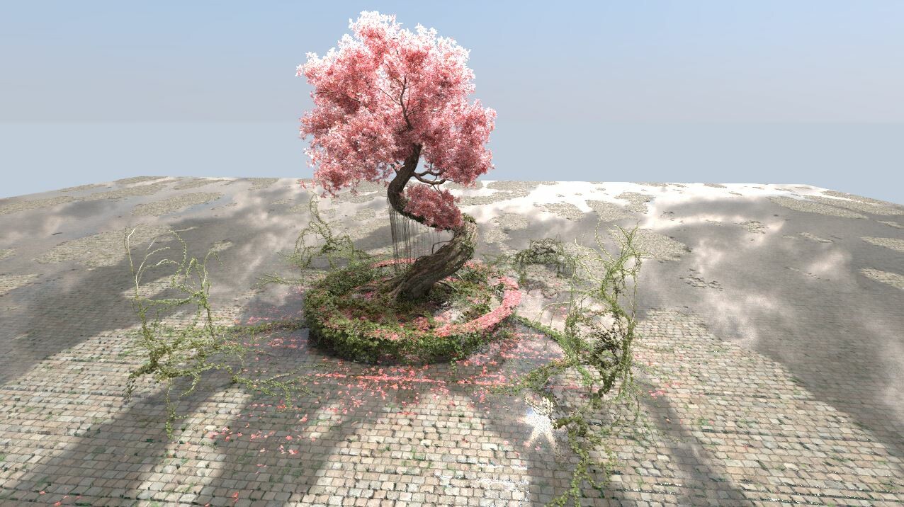 Floor and vegetation lookdev, displacement is revealing more or less water. Geometries bellow water got some of its diffuse absorbed by water.  + procedural scattering test of leaves around the tree. and ivy growth created with Houdini plugin IvyTaming. 