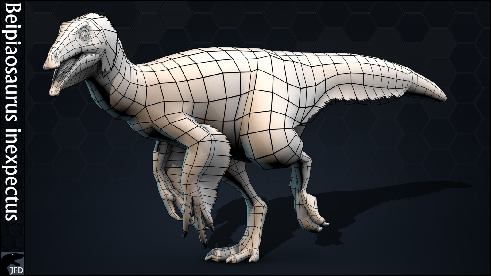 Beipiaosaurus inexpectus full body wireframe render.