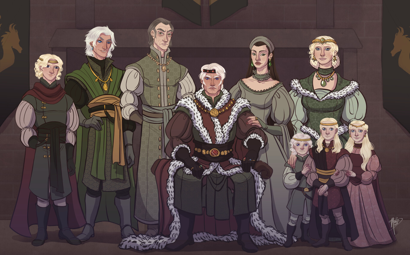 Daeron Targaryen, Aemond “One Eye” Targaryen, Ser Otto Hightower, King Aegon II Targaryen, Alicent Targaryen (nee Hightower), Maelor Targaryen, Jaehaerys Targaryen,  Jaehaera Targaryen and Queen Helaena Targaryen. 