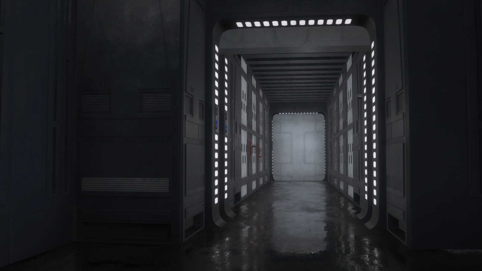 Some early test shots I did of the corridor environments I modeled for the film. 