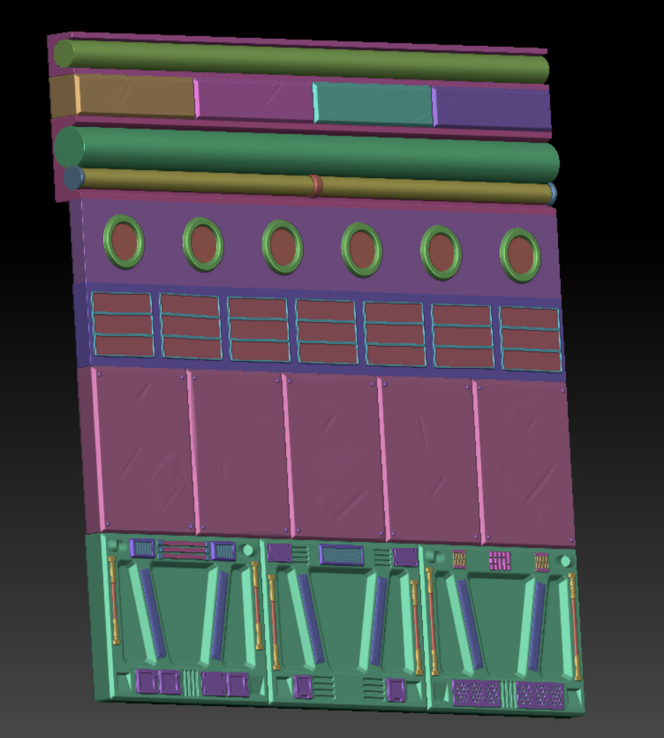 I used the trim-sheet method to texture the seabase components.  Here you can see the strips of trim in zbrush.
