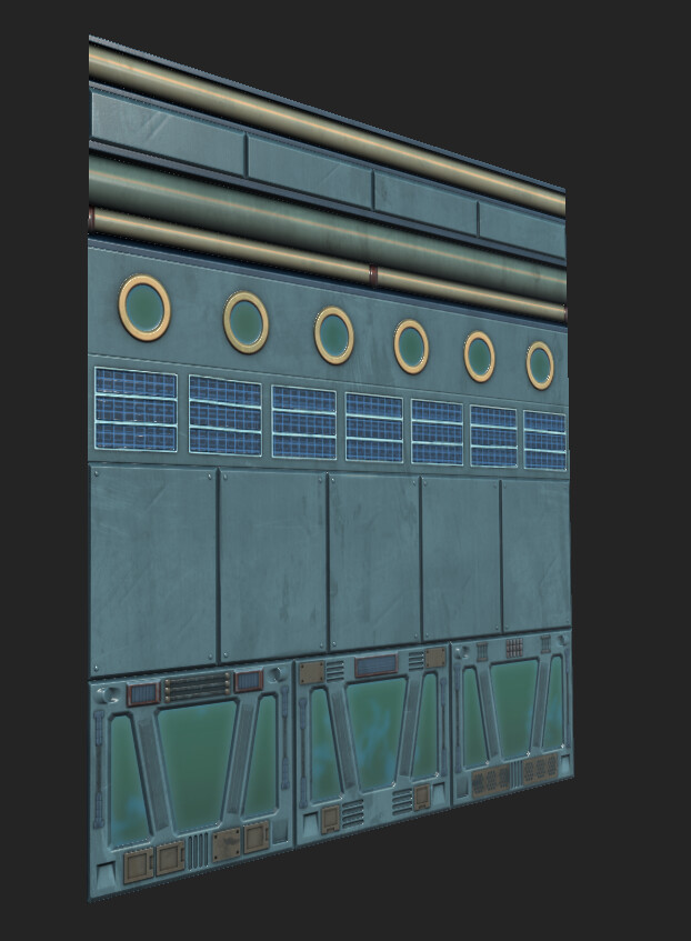 I baked the high-poly trim-sheet onto a quad and authored this tiling material in substance painter.