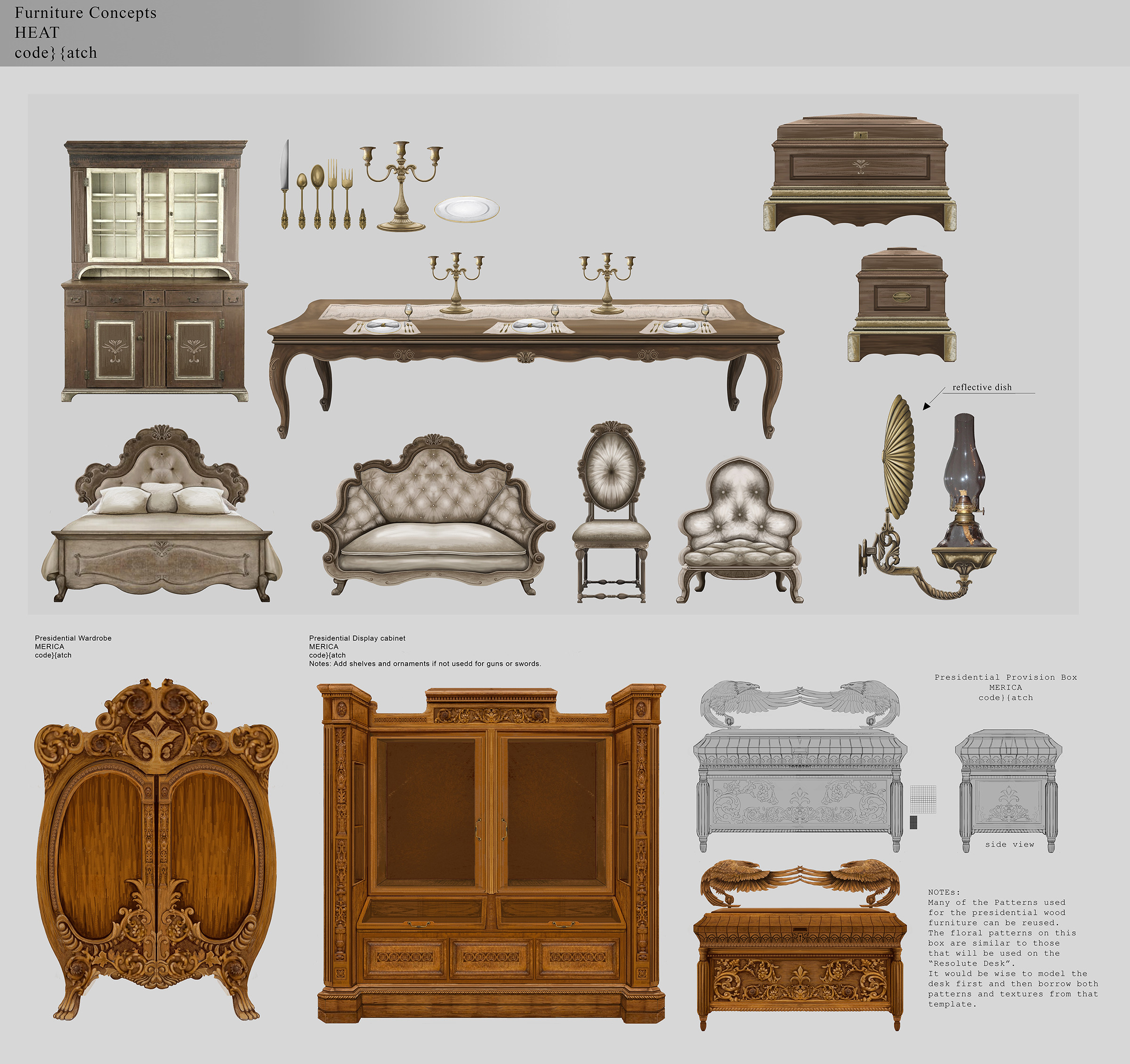 Furniture Props. The Walnut Hardwood was not used but some selections of the pale furniture were implemented.