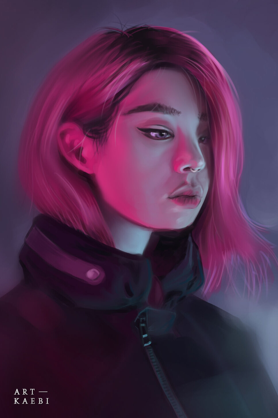 Artstation Portrait Painting Of Pink Haired Girl Neon Colors