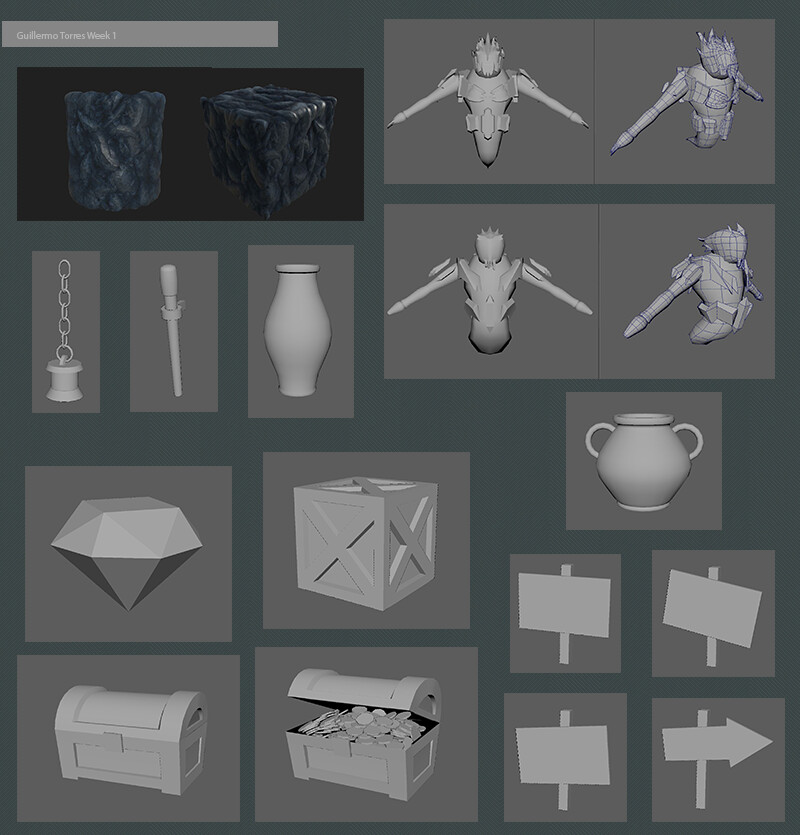 Week 1 assets. The focus of this was was low poly modeling. I was in charge of the Elemental mob characters as well as many props.