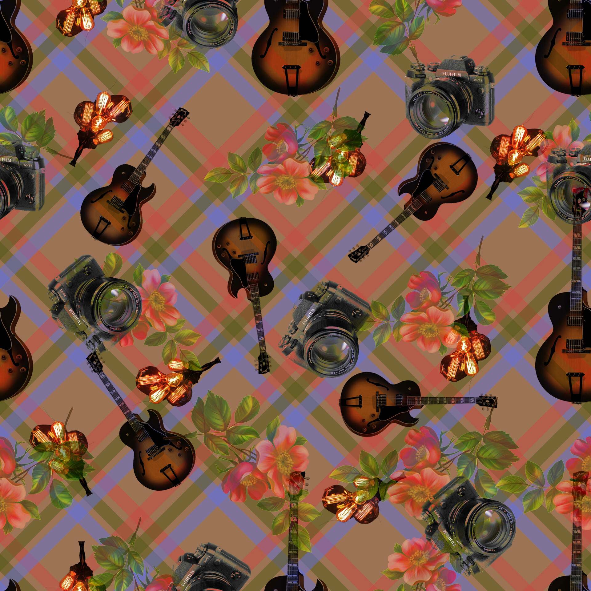 ArtStation - Guitars and watercolor flower Seamless Repeat Wallpaper Tile