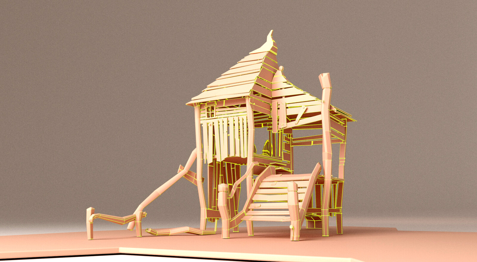3D model, close-up, main building, front view, with wireframe