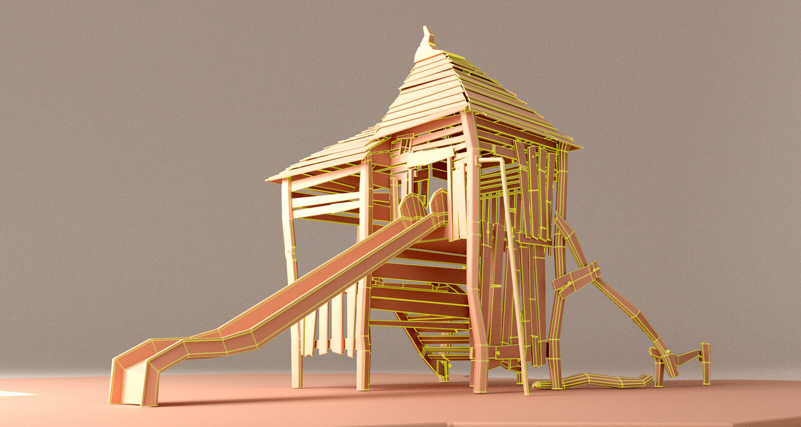 3D model, close-up, main building, back view, with wireframe