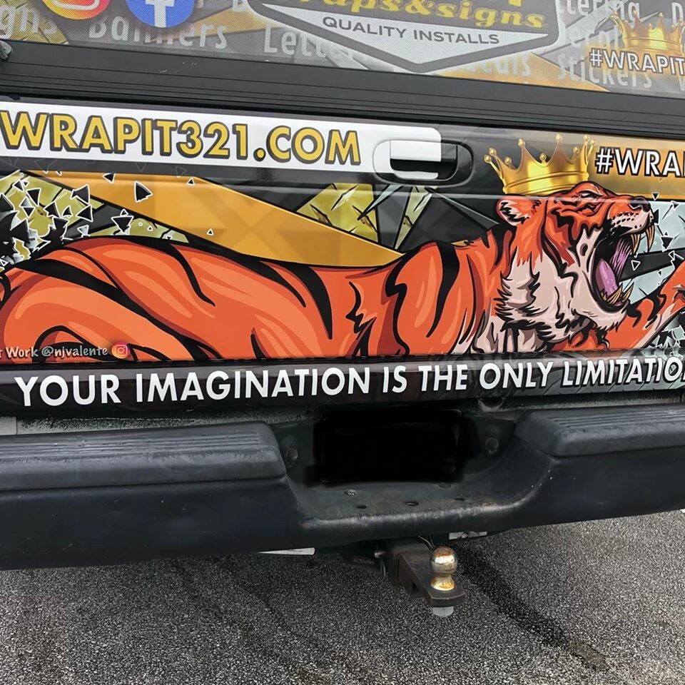 Tiger truck tailgate vehicle wrap.