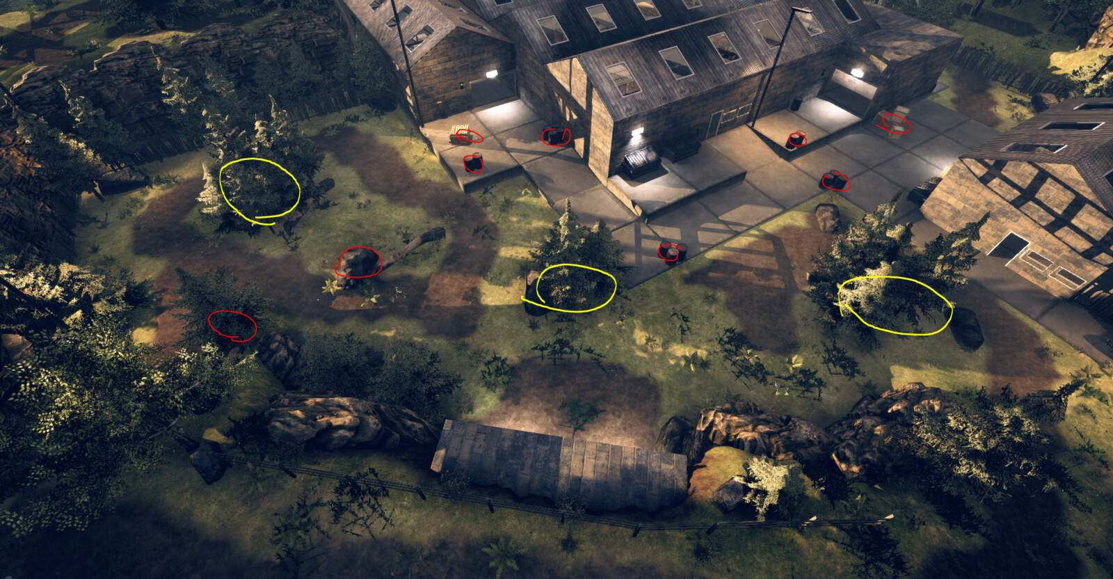 (Yellow) 3 main natural landscapes to play around to use as cover
(Red) Placed cover opportunities