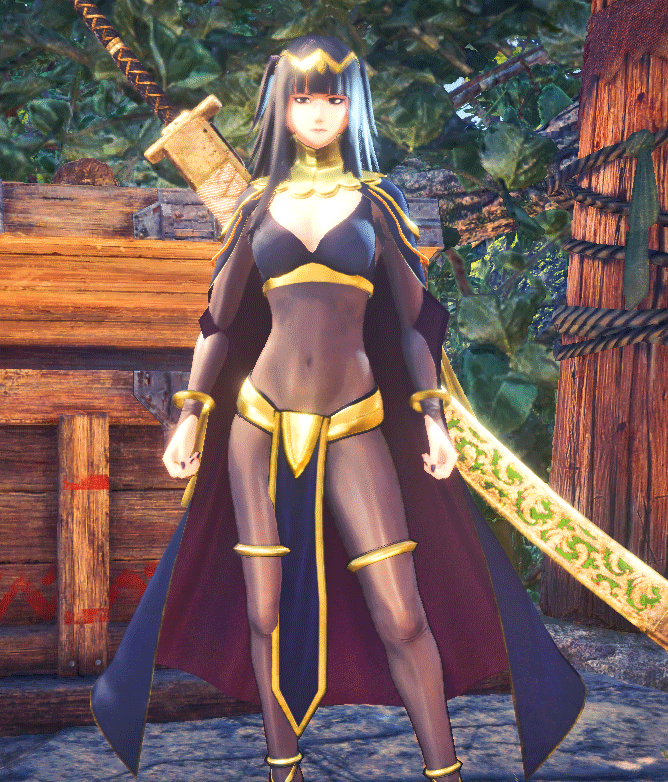 The original model is very slender, while Monster Hunter's characters are fairly stocky. I had to beef her up a bit to fit the rig better instead of touching the rig and messing up the IK.