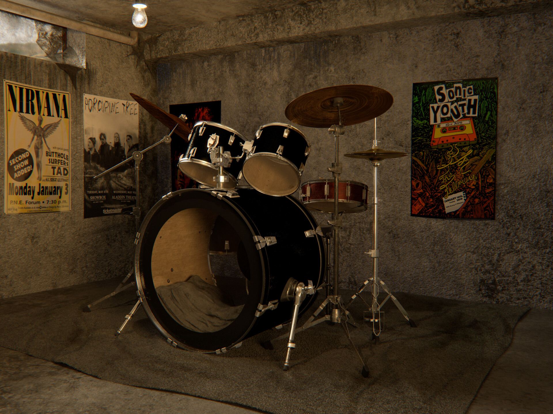 george polizos drum set in a basement