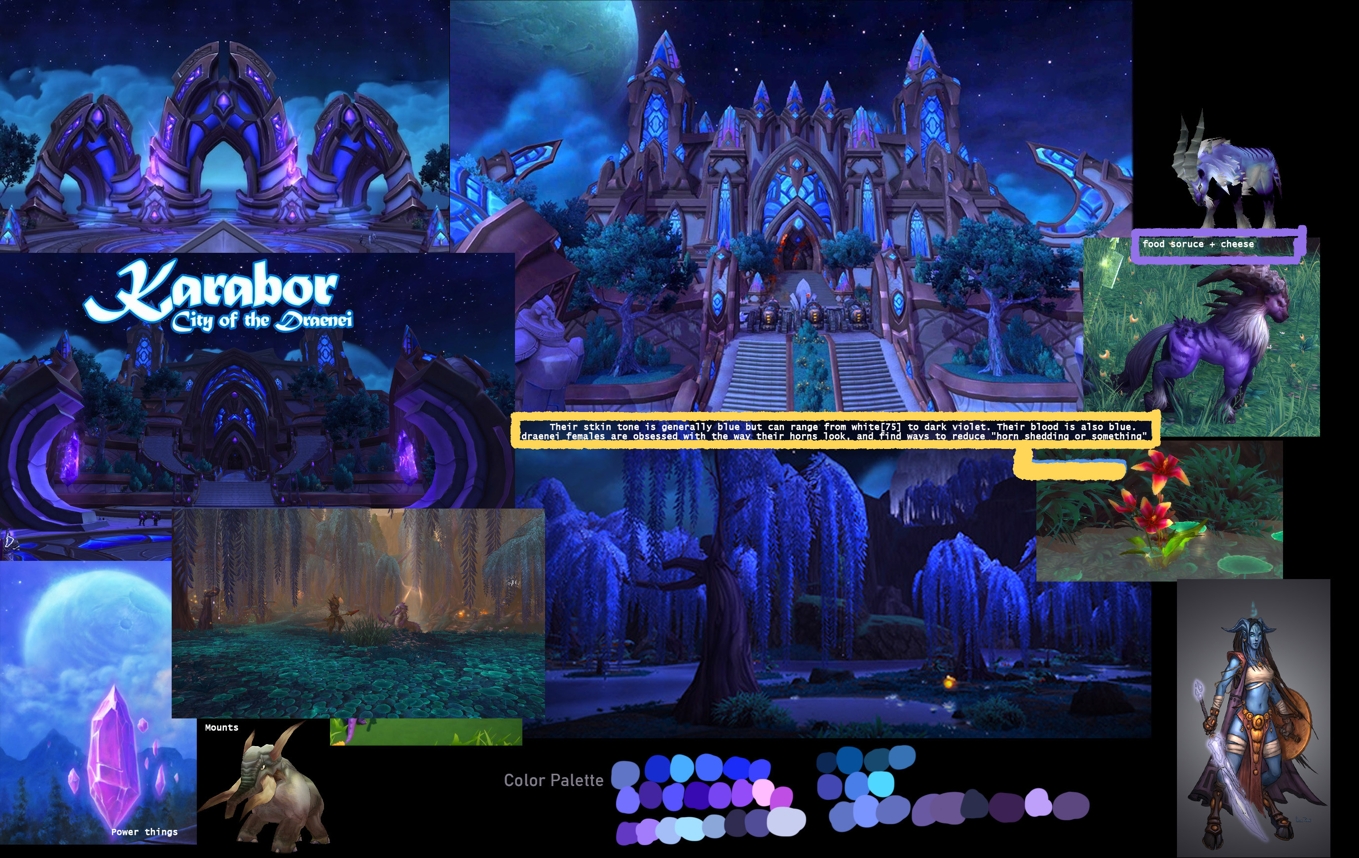 Here's just one of my little reference/research sheets that I had to keep in mind what elements I wanted to bring into the art piece. I wanted to reference Karabor in my submission and the culture of Draenei. As well as making a light hearted story piece.