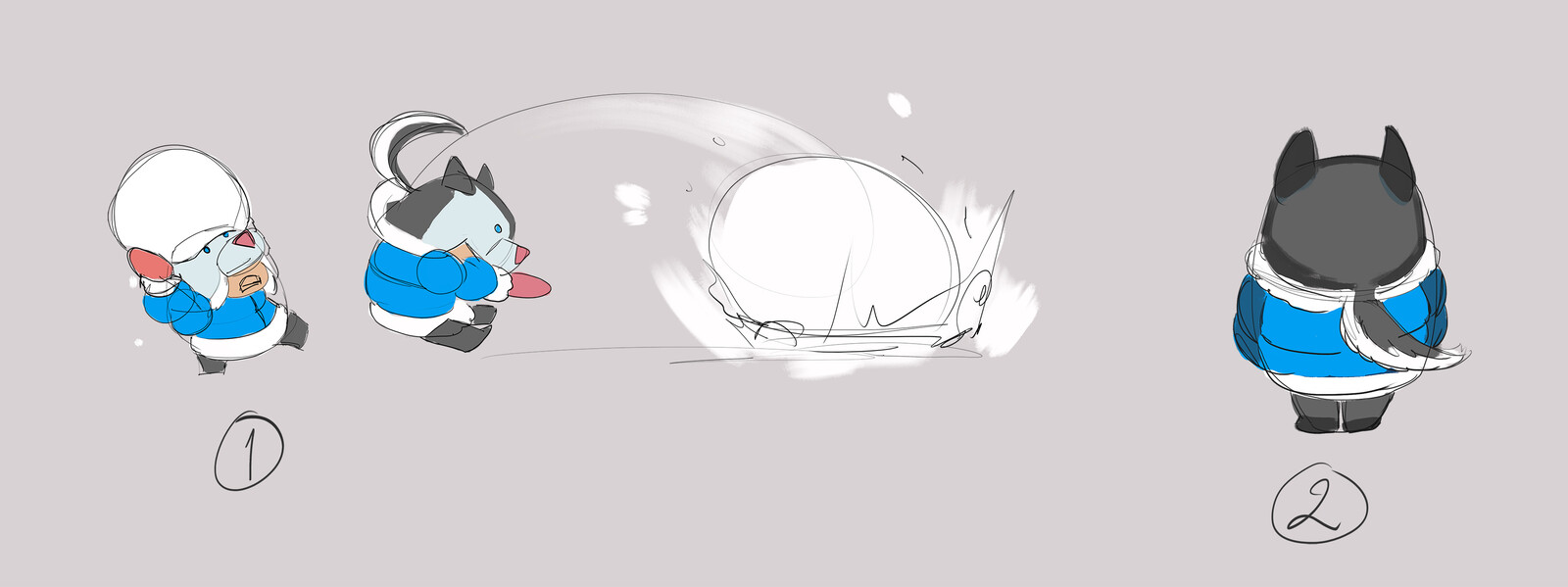 1. Throwing giant snowball
2. Back view, the husky hat has a tail:D