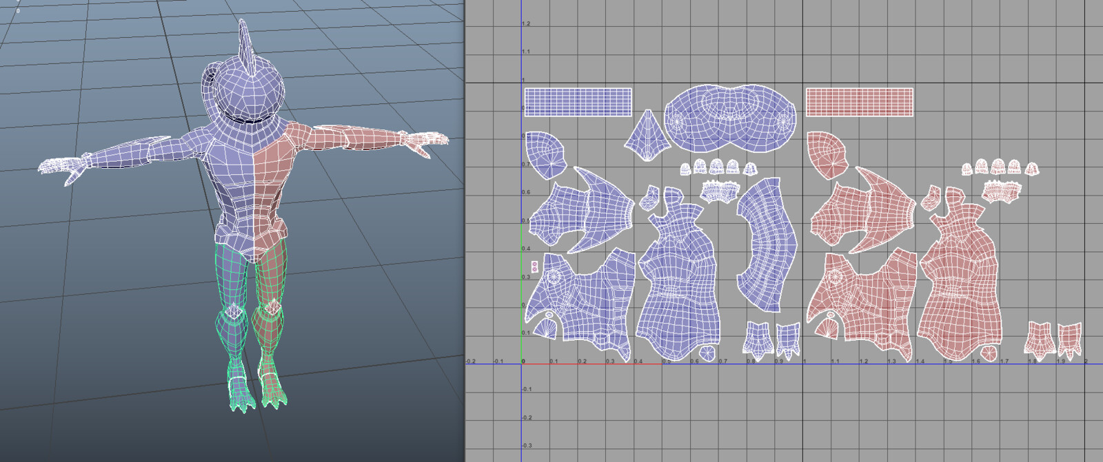 Final Mesh and UV layout. Mirrored UV's get pushed over to make painter happy.