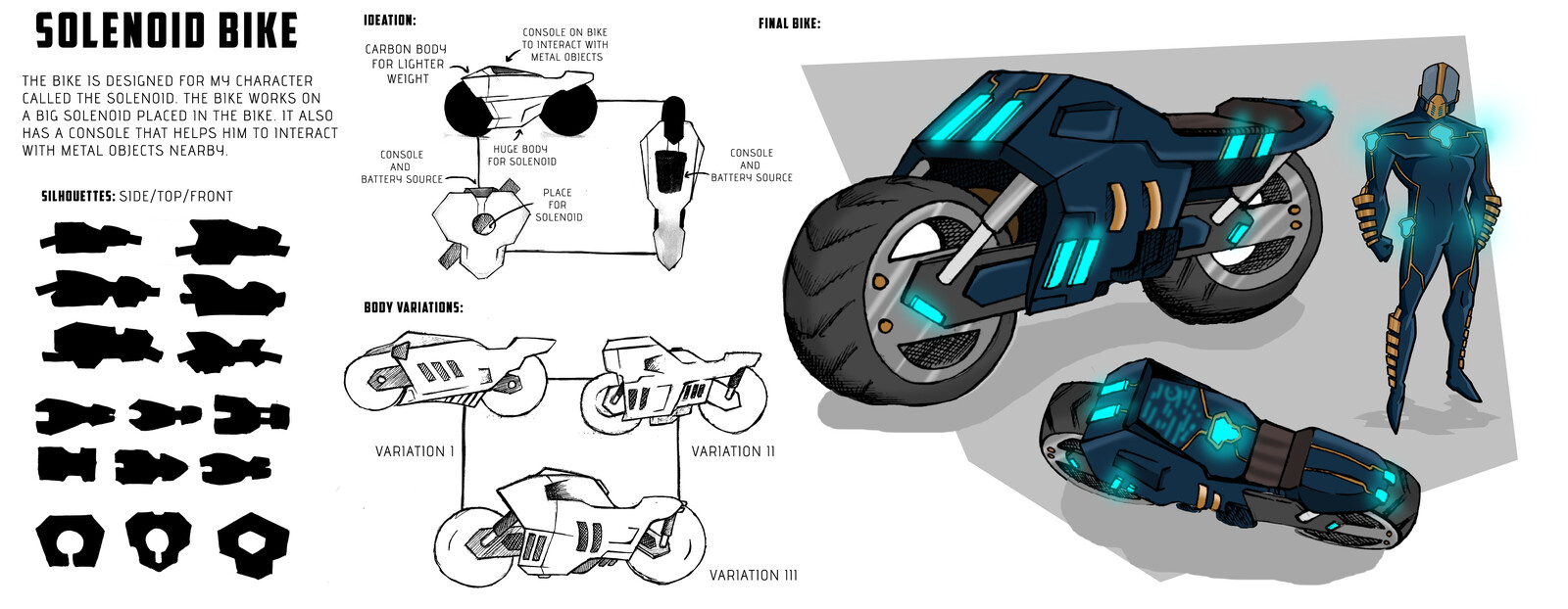 The ideation and variations for the character's bike.