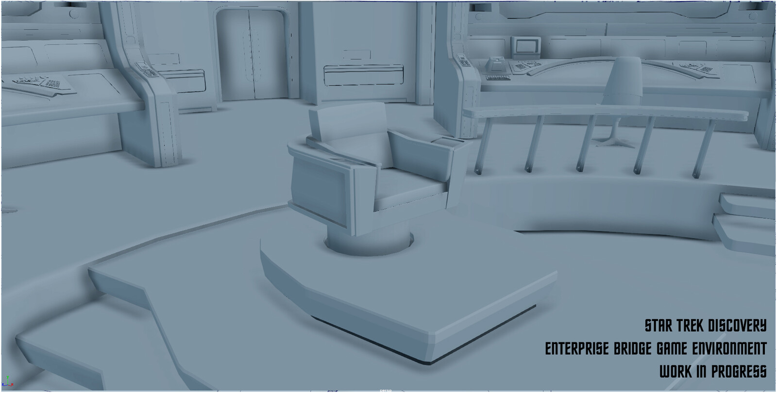 I am currently recreating the re-imagined USS NCC-1701Enterprise bridge captained by Christopher Pike from Star Trek Discovery as a real-time environment. (Hence the triangles, CG friends!) I am currently working on texturing and lighting the environment 