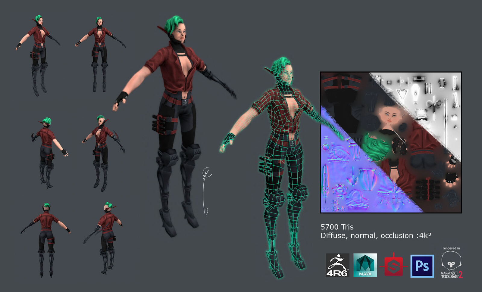 As we worked on tablets (using Unity), we decided to stick to a 5-6k tri budget for each character. For the same reason, the final maps are 1k² for the characters and 512² for the weapons. 
We choosed a handpainted cartoonish style. 
