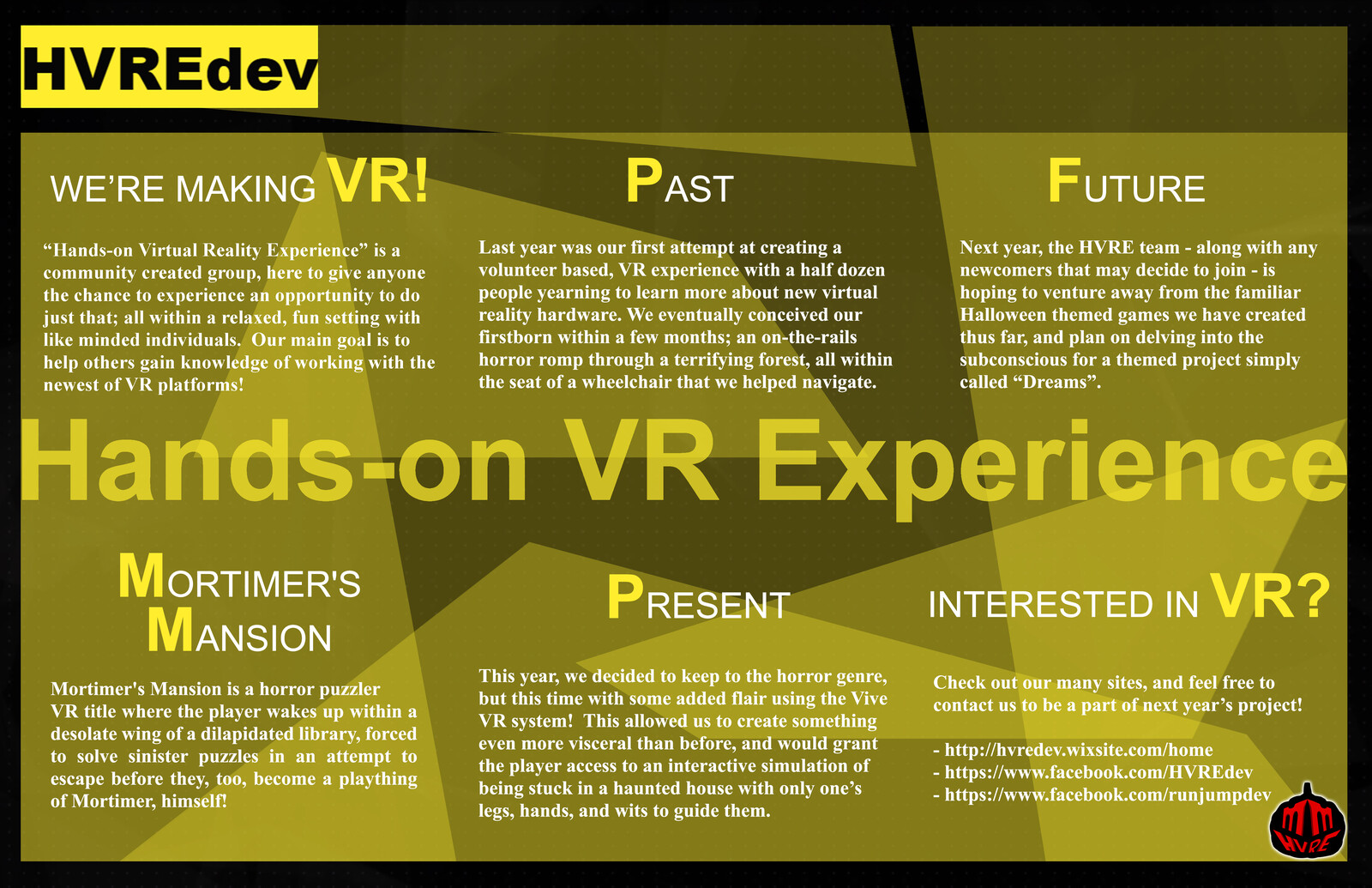 Front of brochure for HVRE, showcasing information of the group
