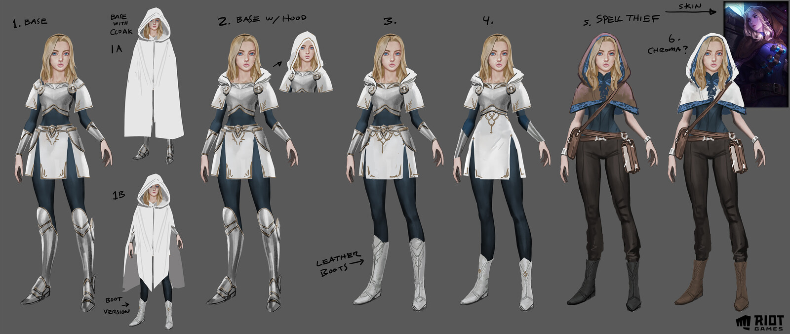 Some exploration on Lux's design.  We knew that we wanted to give her a hood in this piece so I played around with how we could incorporate it into her outfit.  I also played around with a look based on her Spell Thief skin.