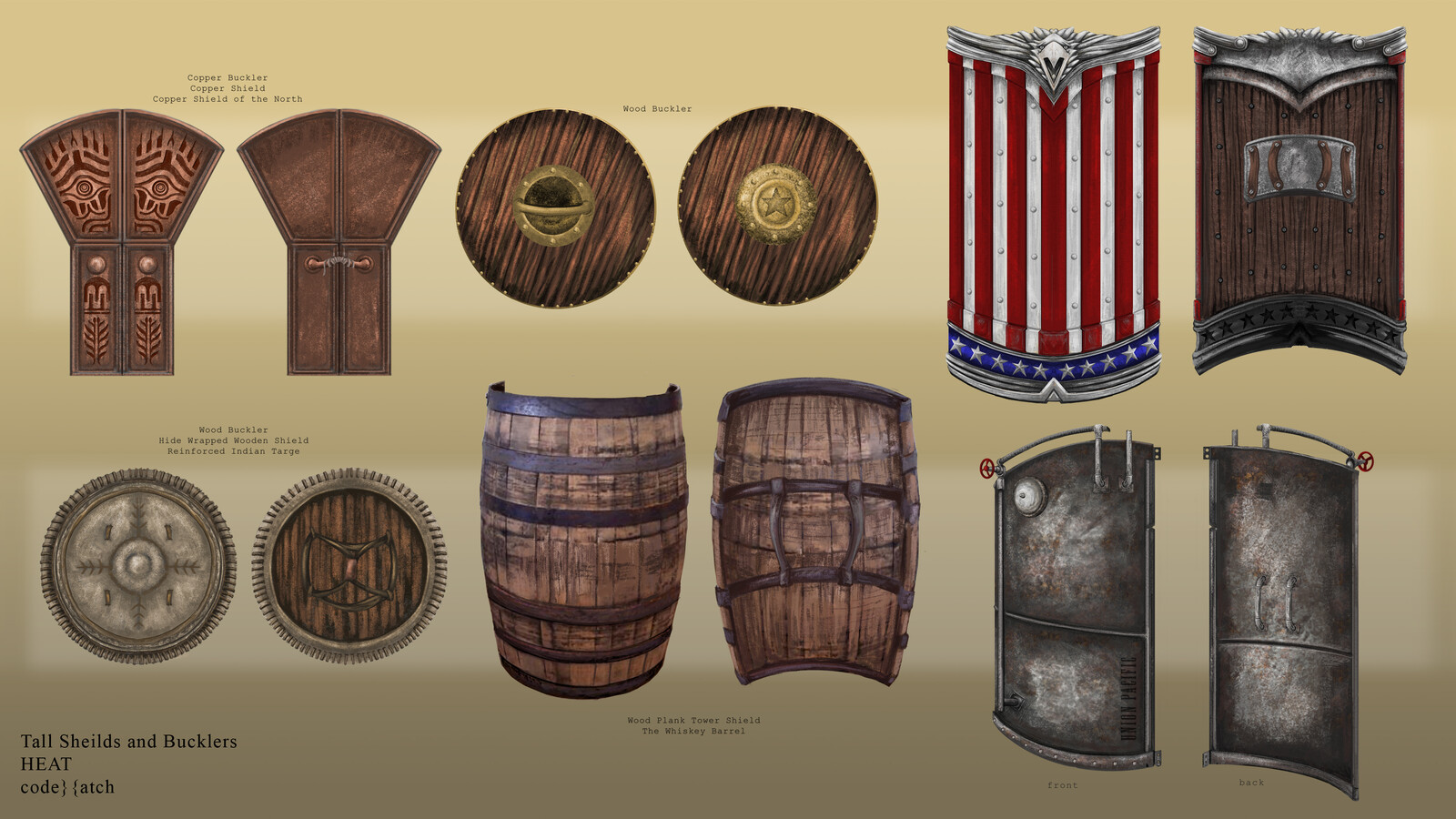 Shield designs for native, settler,and patriot characters. Not used in game.