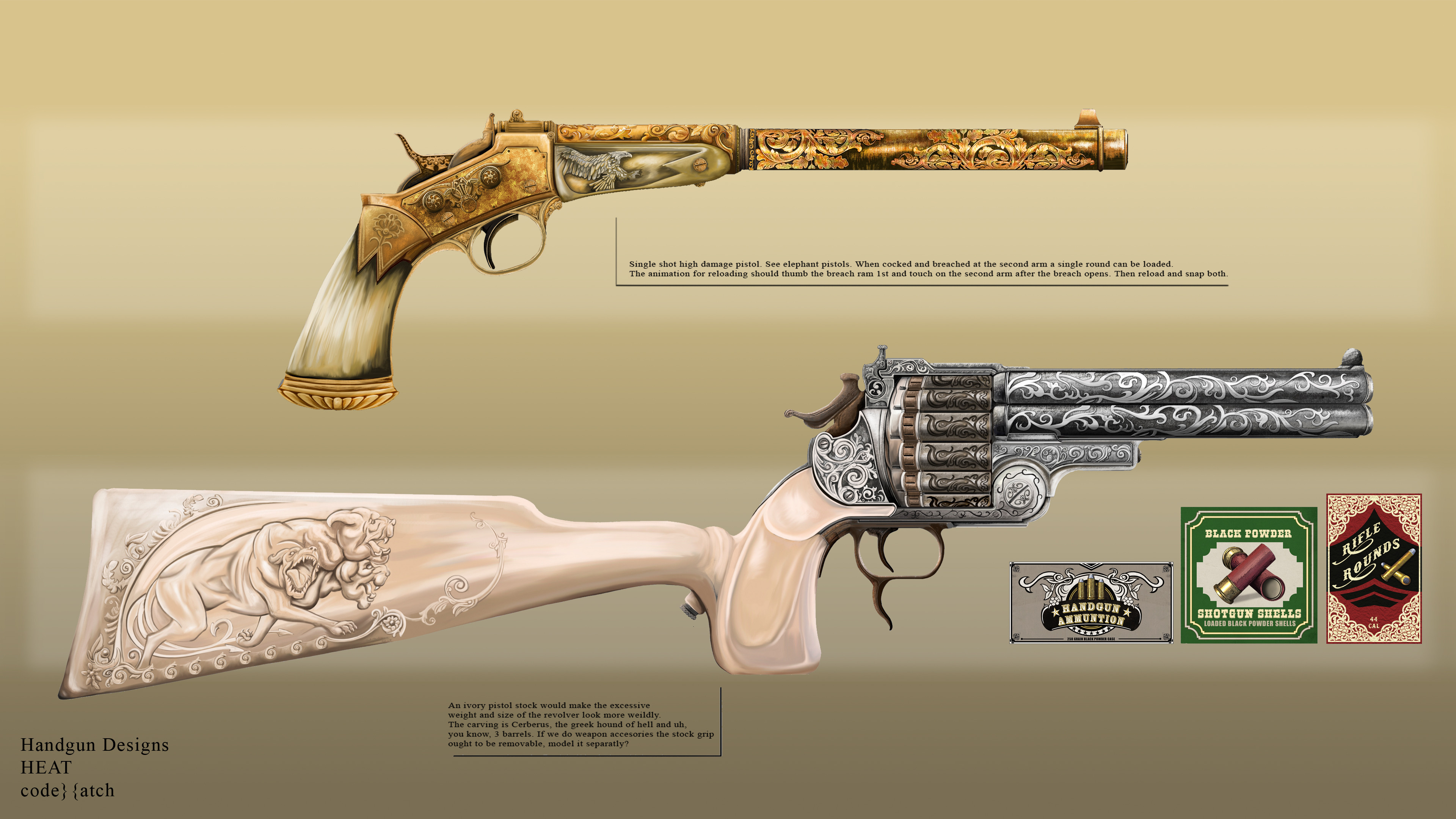 Handguns. The President's Golden Gun is an exclusive weapon provided to power position players. The silver concept gun is for a 3 barrel revolver we did not implement dubbed Cerberus.
