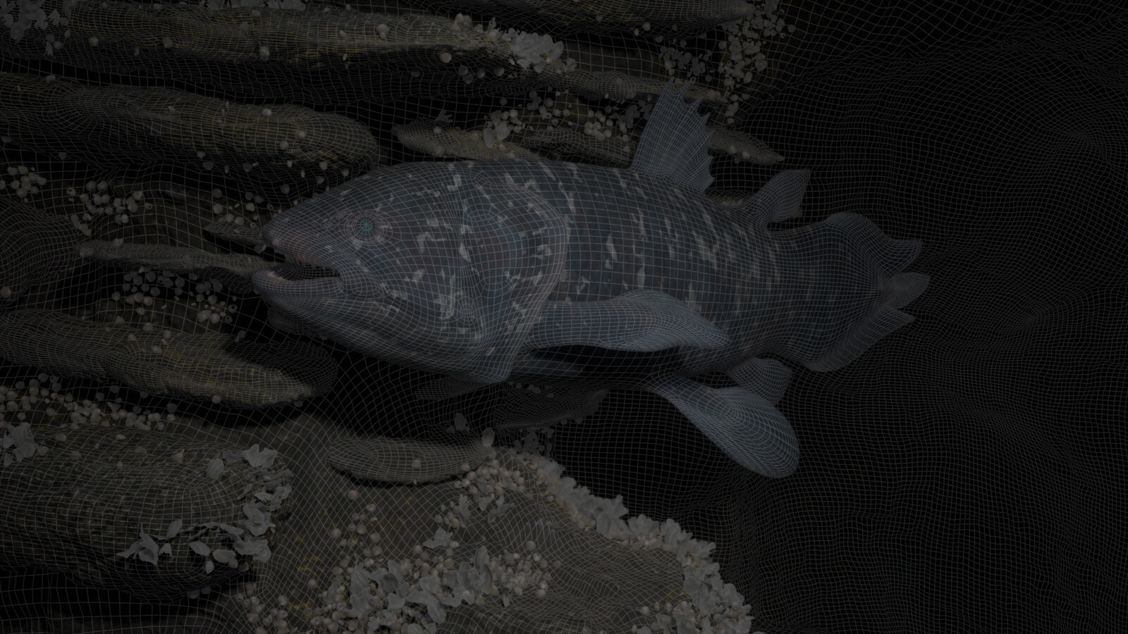 Wireframe overlaid on top the finished render. The background rocks were modeled in Maya with details added in Xgen.