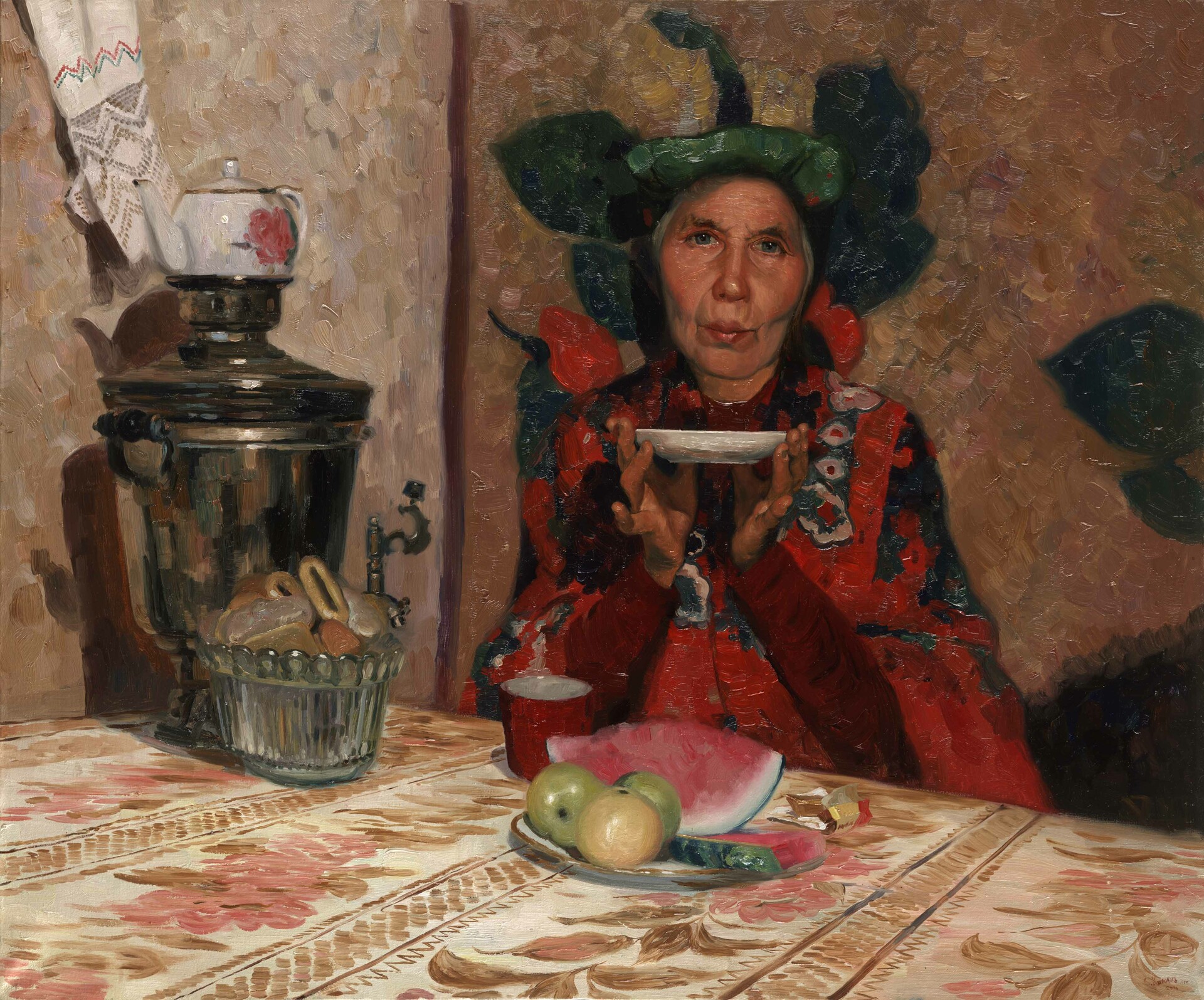 Картины художников чаепитие. Чаепитие семён Кожин. Купчиха с самоваром.