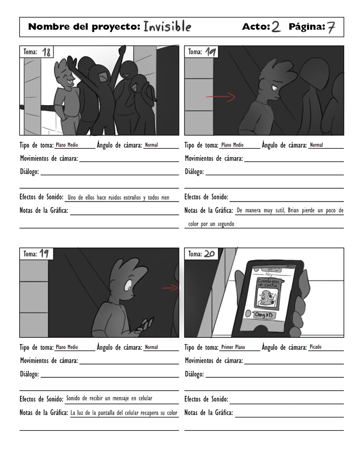 Storyboard page for an animated short, Invisible, 2019