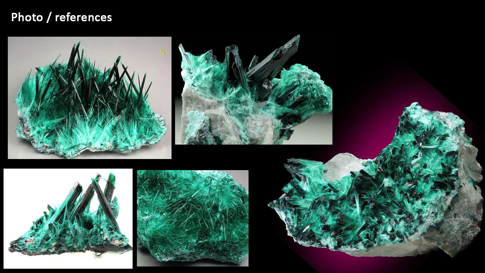 Fibrous Malachite Mineral : Photo References / Was important to identidy the key features of this mineral and develop a procedural setup around them.
