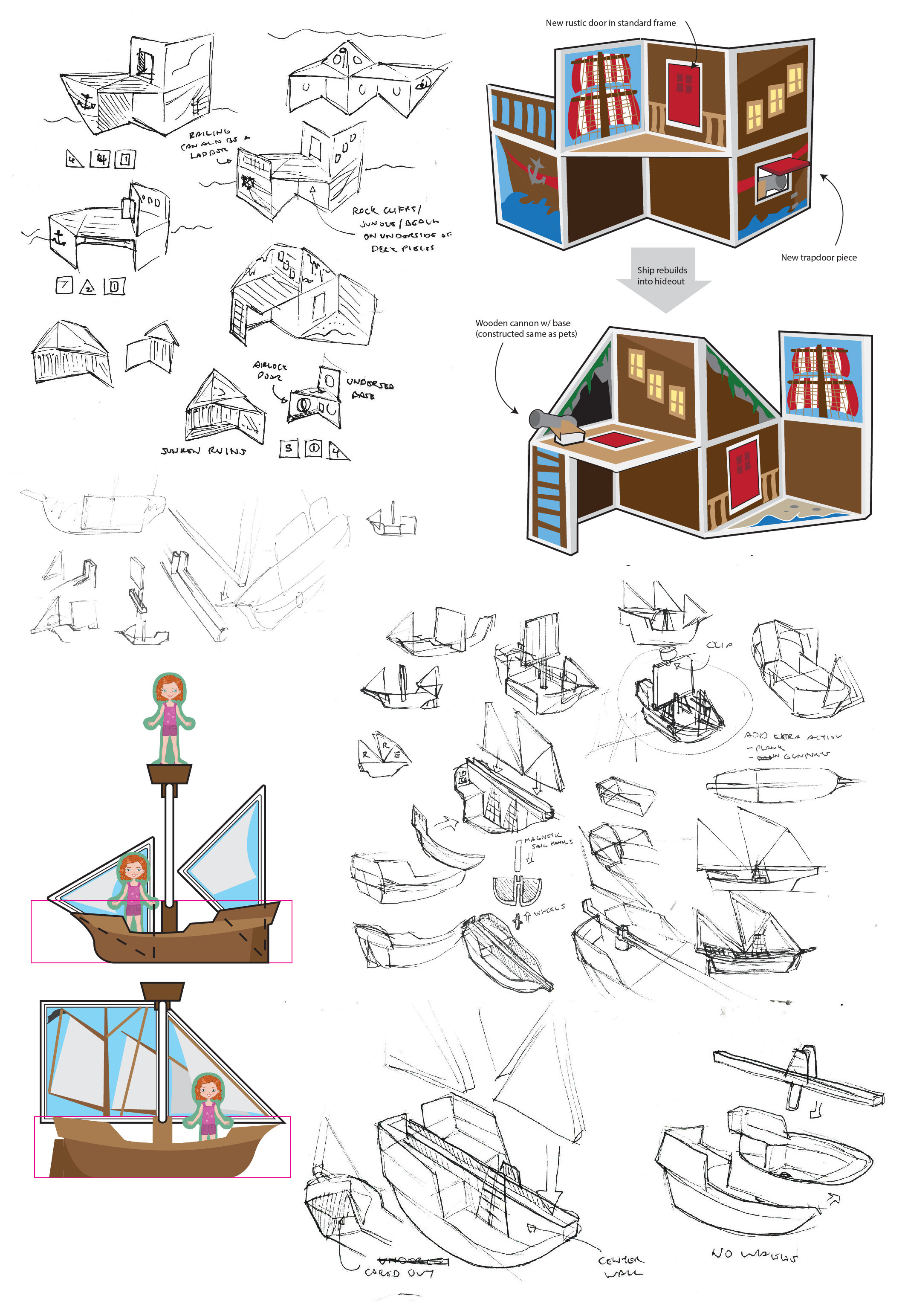 Development sketches for Pirate Cove set. The ship itself was initially going to be constructed from panels, but I opted for a molded plastic piece with panels for sails.