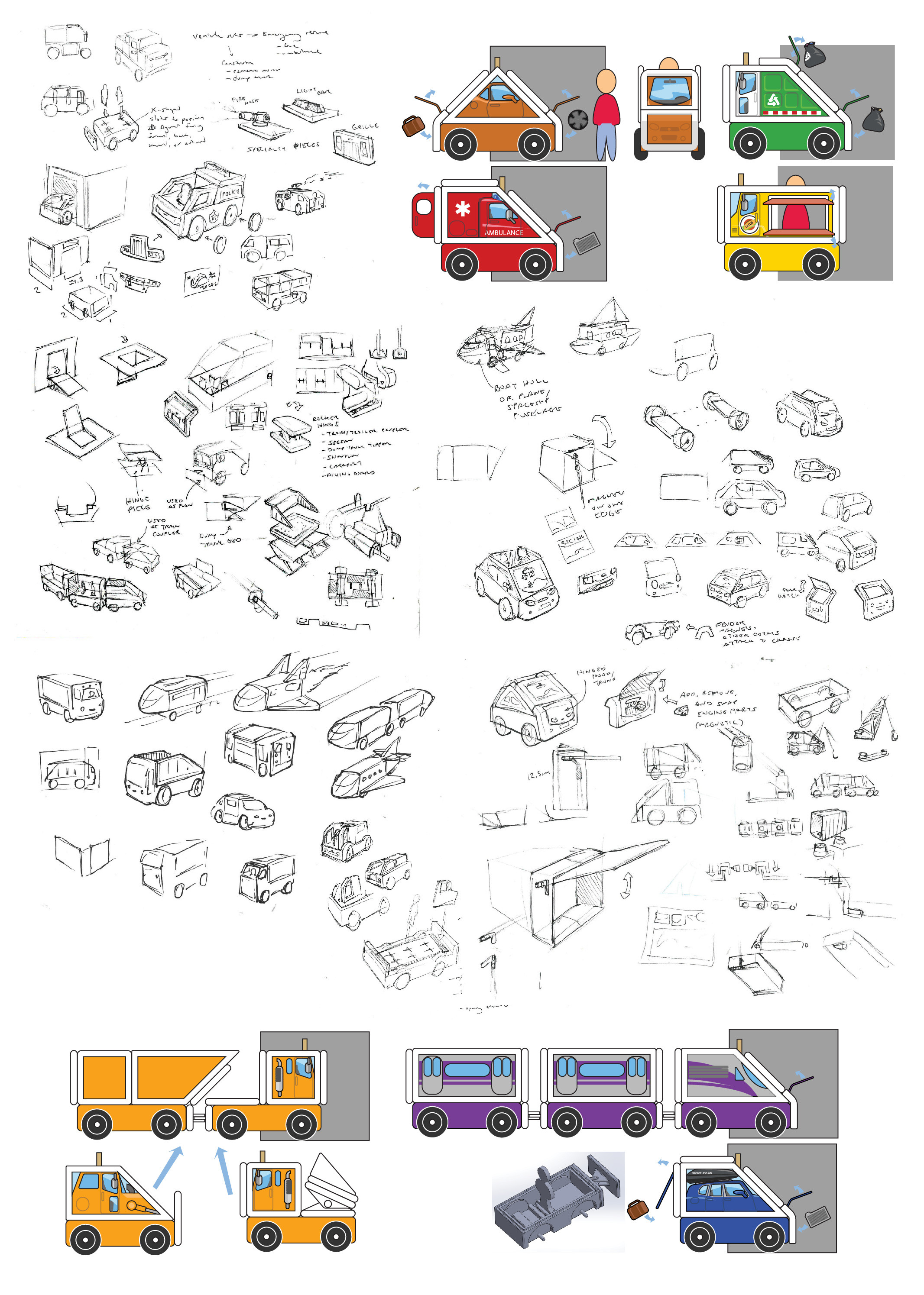 Initial sketches and Illustrator explorations of how to introduce vehicles into the Magnetivity system. Initially the magnetic panels themselves were intended to communicate the vehicles' forms.