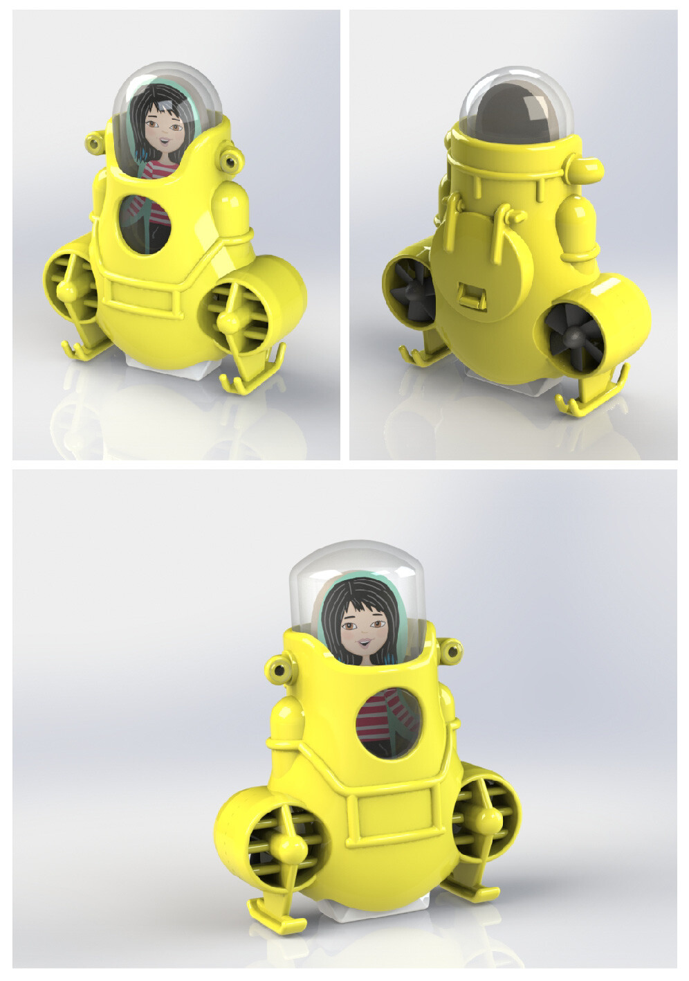 Solidworks renderings of the submersible: the bottom image is the final design with beefier landing skids and a squared-off canopy to accommodate more diverse hairstyles.