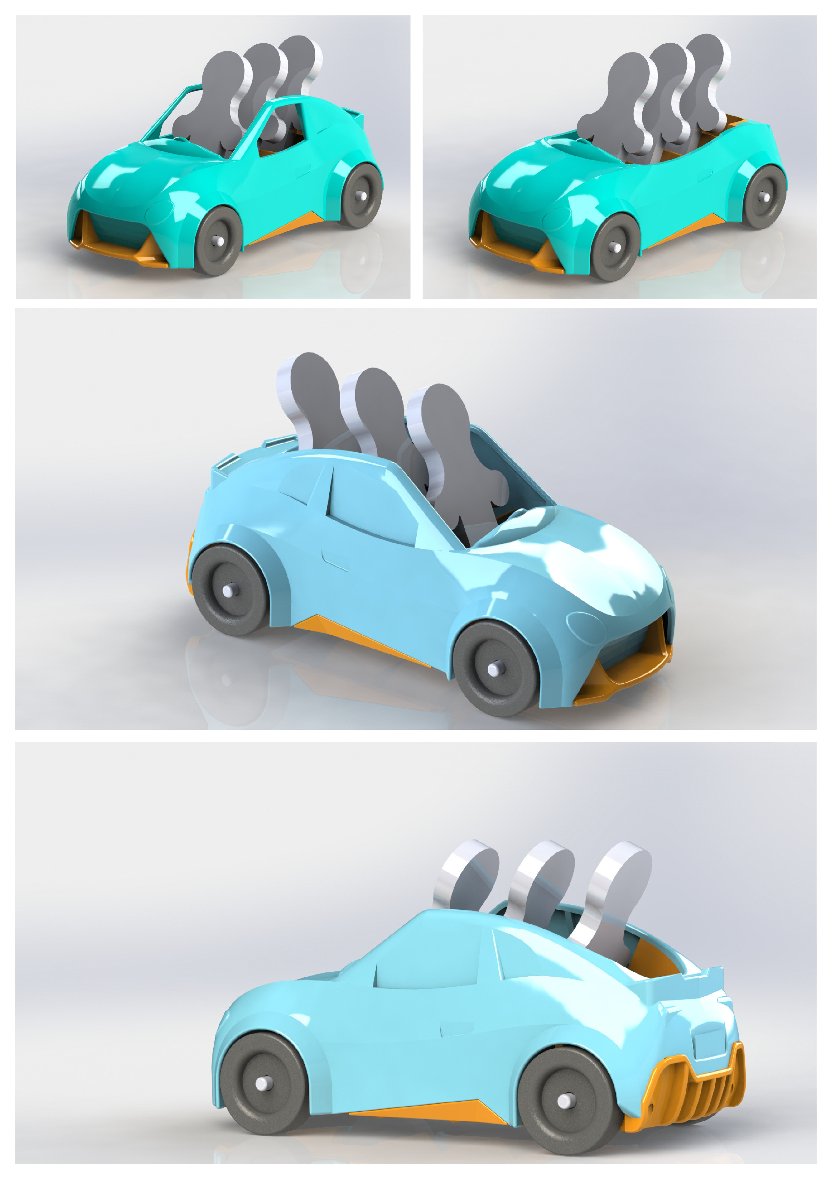 Solidworks renderings of the sports car in open-window, roofless, and the final closed-window iteration.