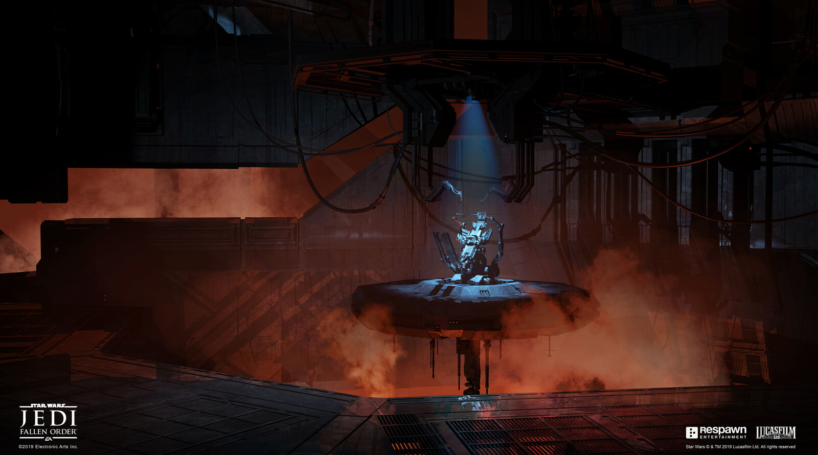 The challenge of this room was to keep the torture chair as the focal center  while allowing enough floor space for the final boss battle with the Inquisitor. The added difficulty was to design the room for Darth Vader to make his entrance from above.