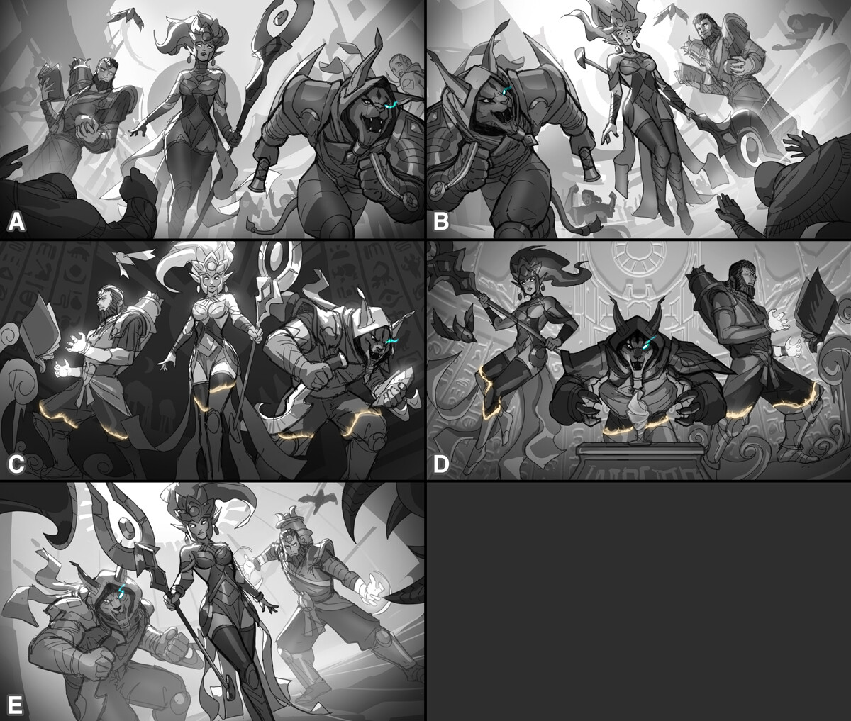 Initial thumbnail ideas before going for the temple thief Rengar idea.