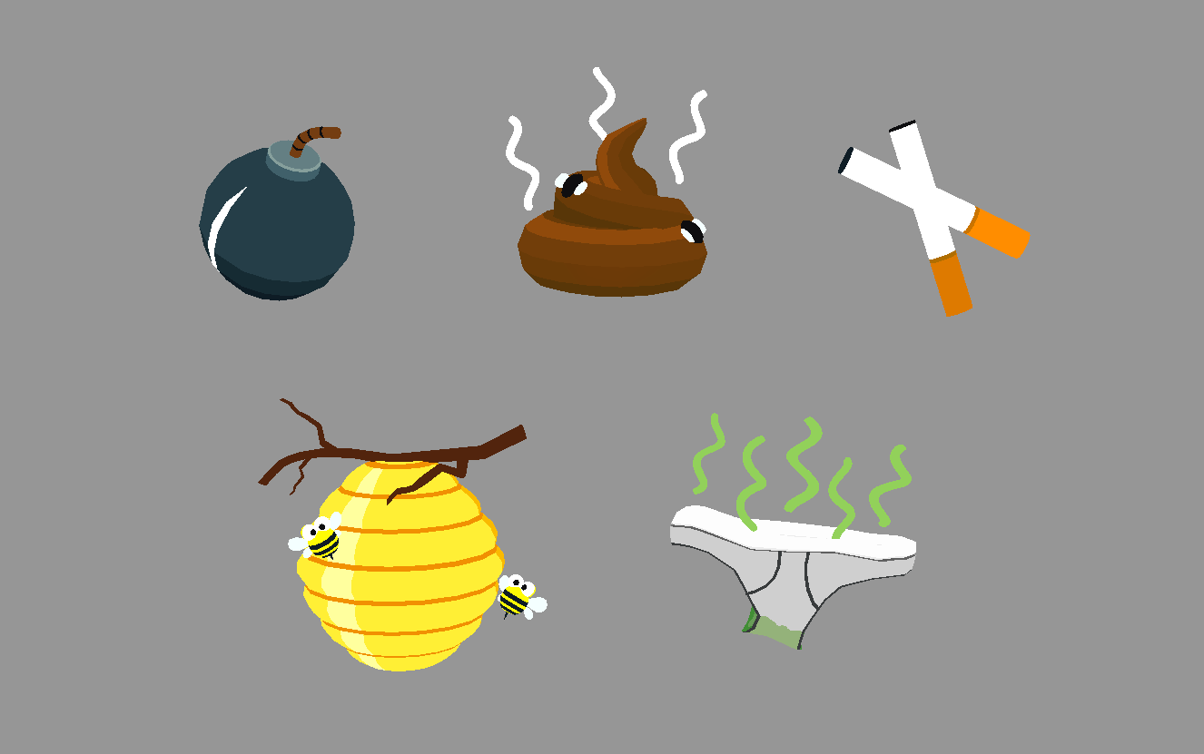 Bad items - Bomb, Poop (whatt??), cigarettes, Bee hive(so cute though!) and dirty underwear