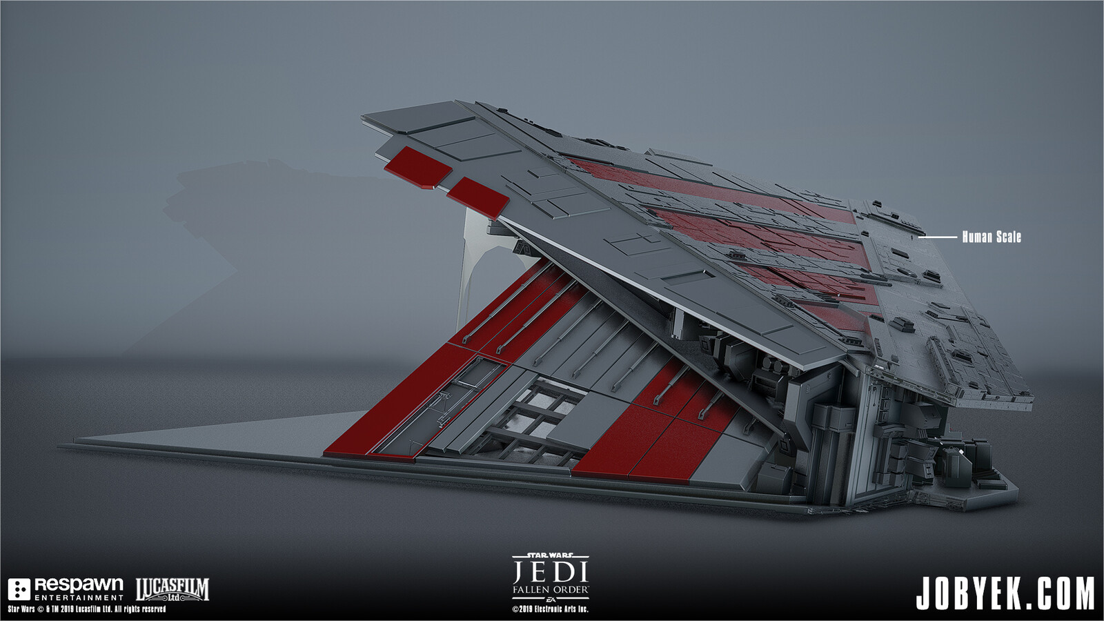 Modeling work on Venator Wing that is used and navigated on throughout the level. This was supplemented by smaller modular panels and such for added detail in-engine. Initial base model from DICE.