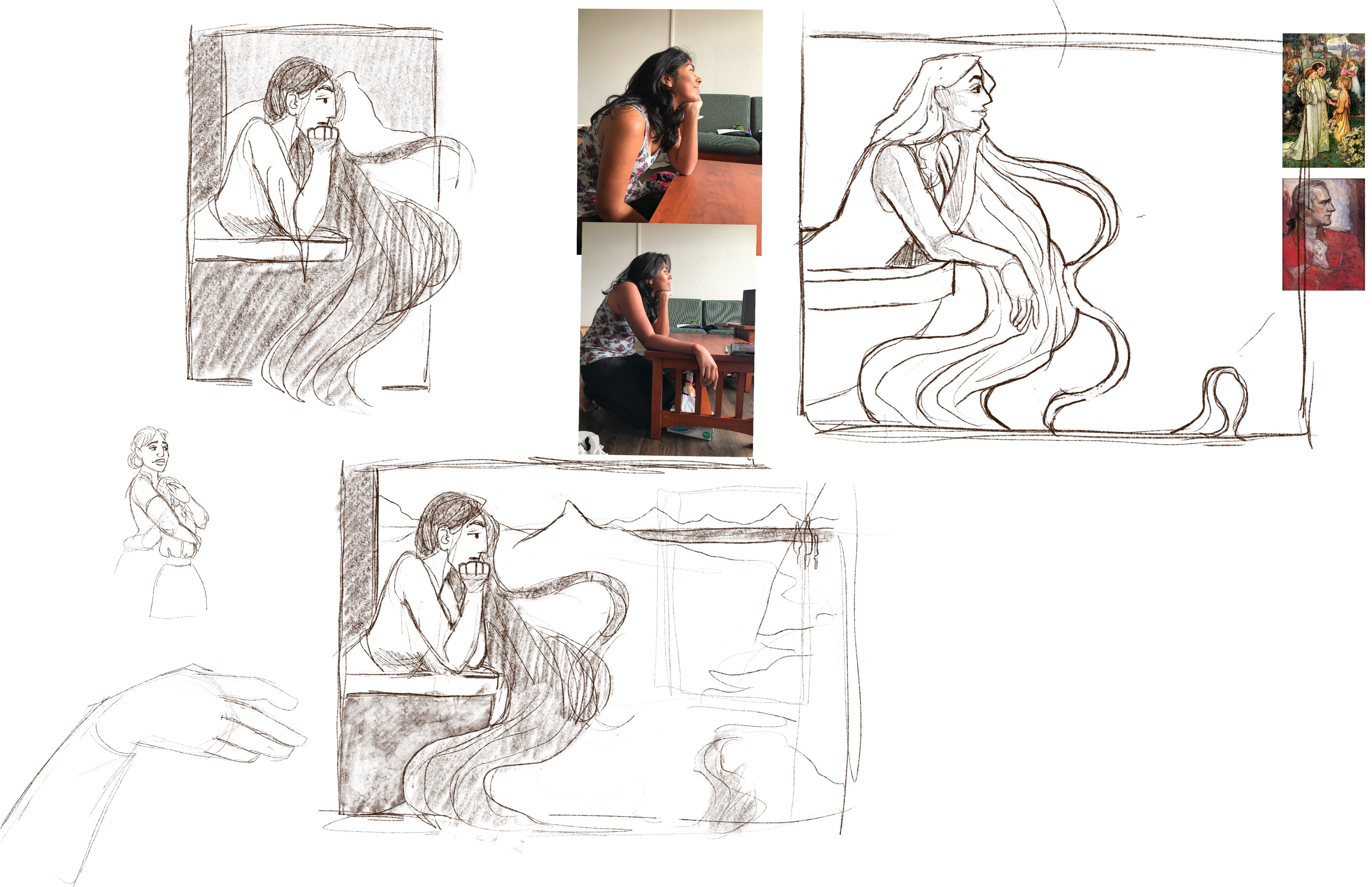 Original Thumbnail sketches (top left and middle)

I then shot reference and completed a refined sketch (right)